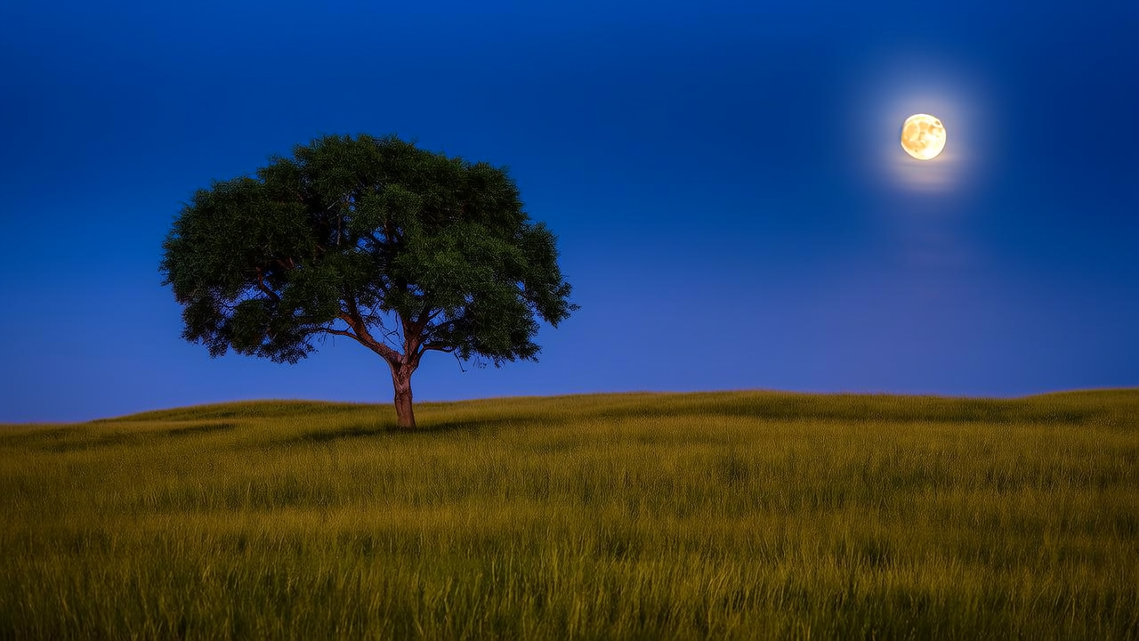 草原，满月，独树，明月斜照